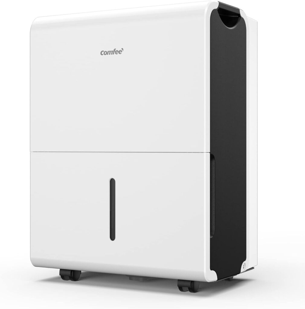 Seitenansicht des Comfee MDDP-30DEN7 Luftentfeuchters, hervorhebung der schlanken Form und der mobilen Rollen.